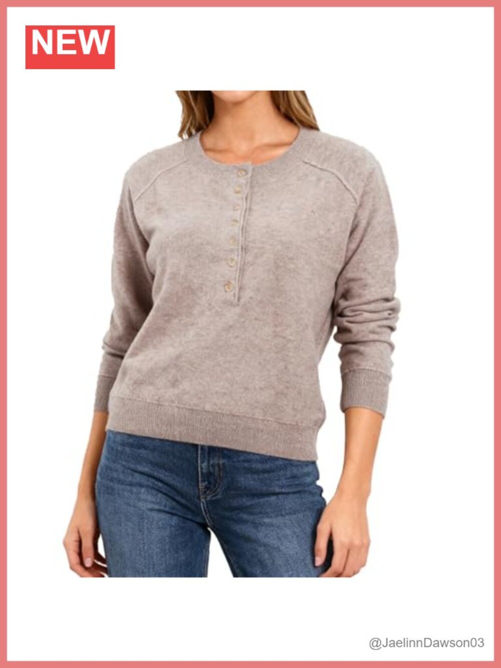 100% Wool Long Sleeve Henley Sweater Relaxed Fit Pullover